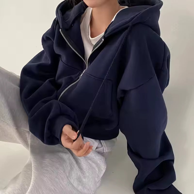 Cropped Fleece Lined Zip Hoodie Navy Blue