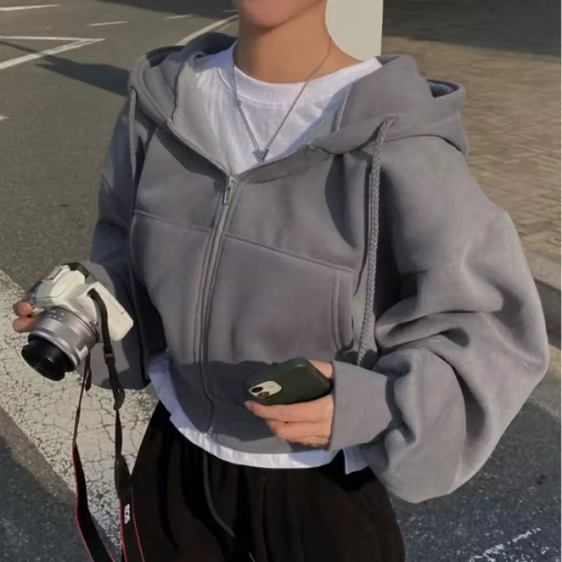 Cropped Fleece Lined Zip Hoodie Navy Blue