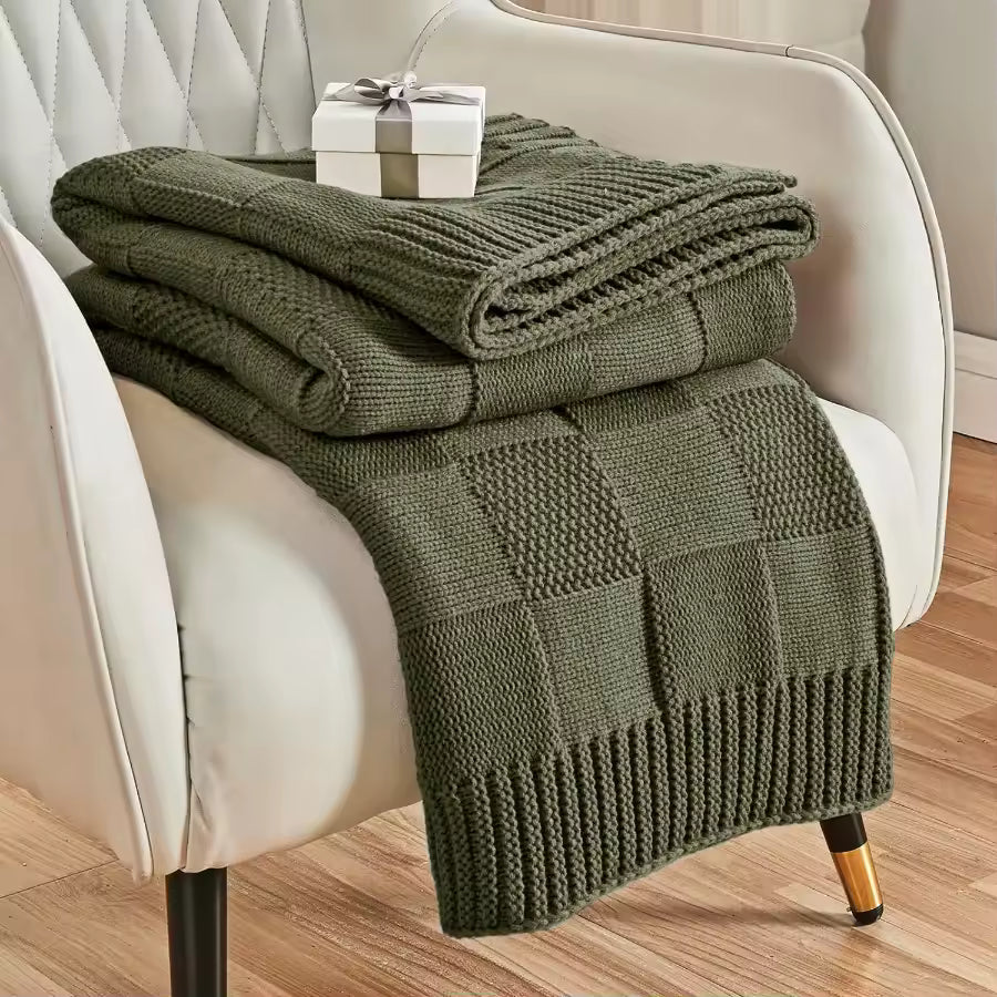 Olive Green Checkered Knit Throw Blanket