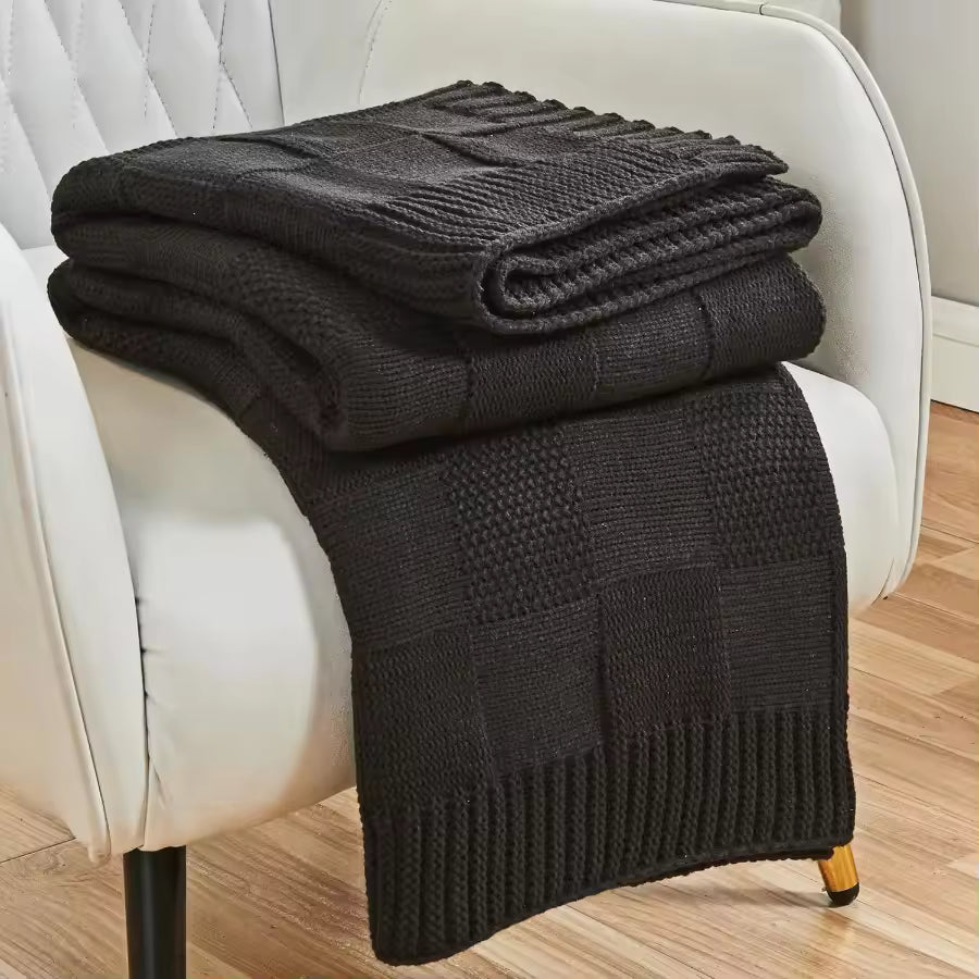 Olive Green Checkered Knit Throw Blanket