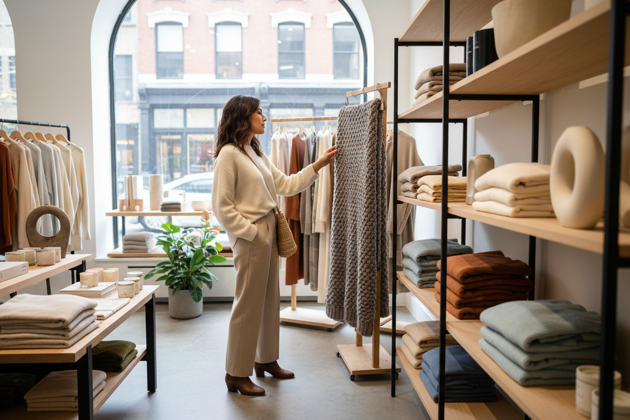 Latina woman shopping for clothing and blankets
